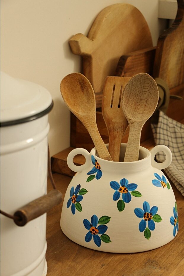 مزهرية سيراميك مزخرفة مصنوعة يدويًا بنمط الأقحوان الأزرق وحامل ملعقة سيراميك - 6