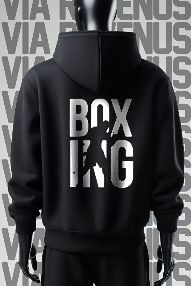 Boxing Front and Back Printed 3 Thread Wide Pattern Black Hooded Sweatshirt