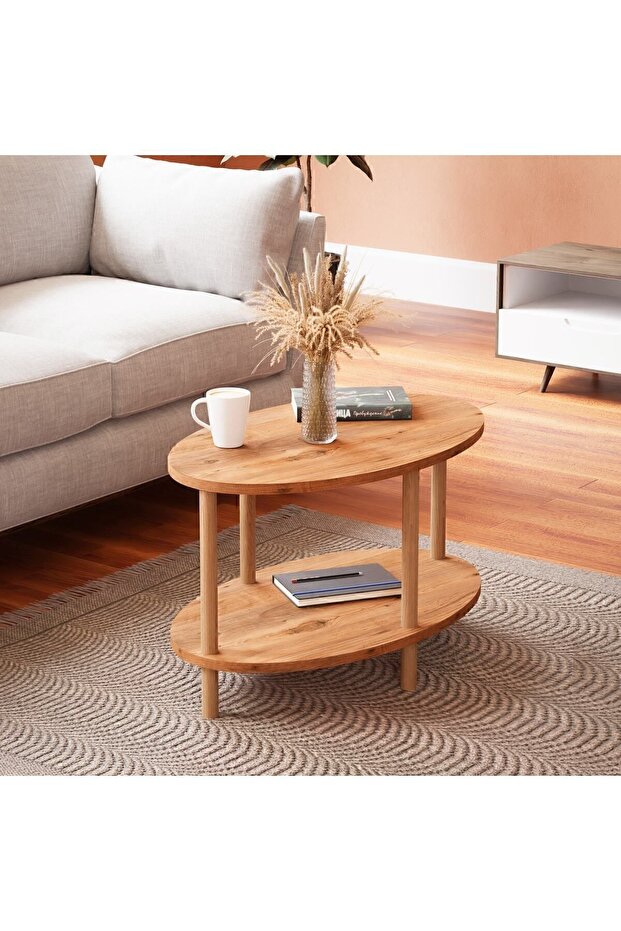 Oval Ahşap Ayaklı Iki Katlı Gazetelikli - Atlantik Çam Orta Sehpa - 1