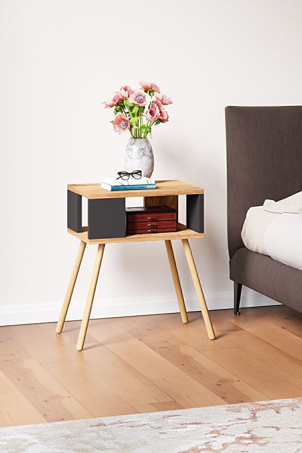 Ahşap Ayaklı Dekoratif Raflı Komodin - Atlantik Çam - Antrasit Gri - 1