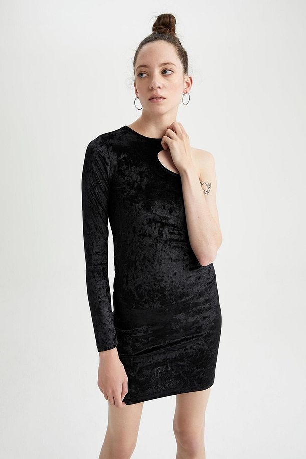 Bodycon Tek Omuzlu Velur Uzun Kollu Mini Elbise Z8563az22wn - 8