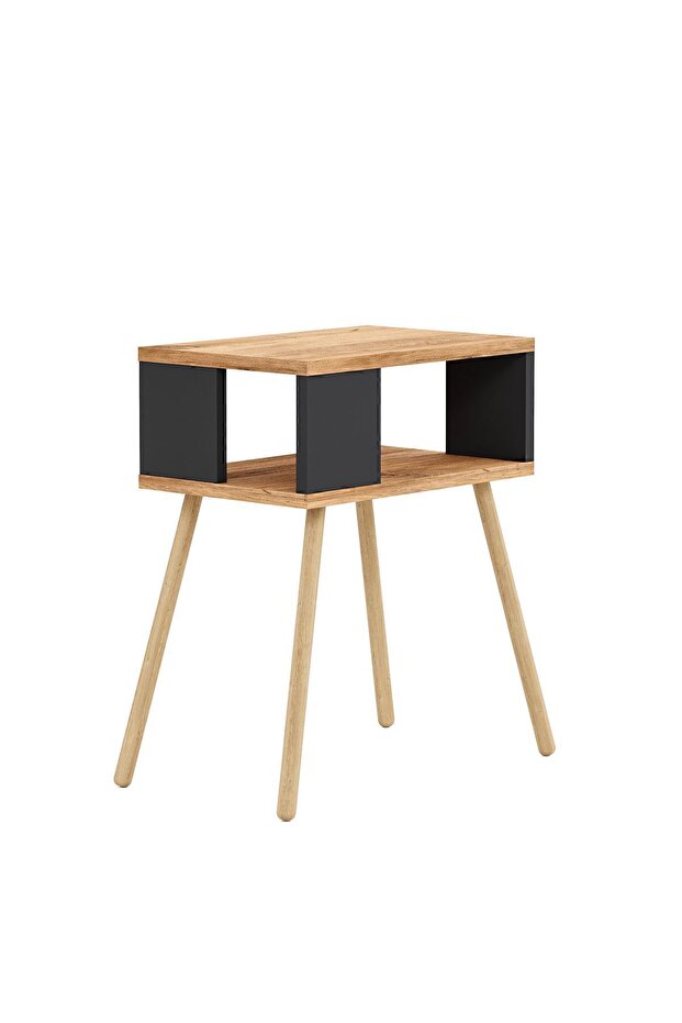 Ahşap Ayaklı Dekoratif Raflı Komodin - Atlantik Çam - Antrasit Gri - 6