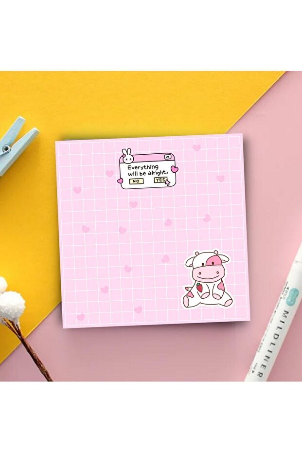 Kareli Sevimli Inek Ve Tavşan Temalı Memopad , Bloknot , To Do List , Notepad , Planlayıcı - 1