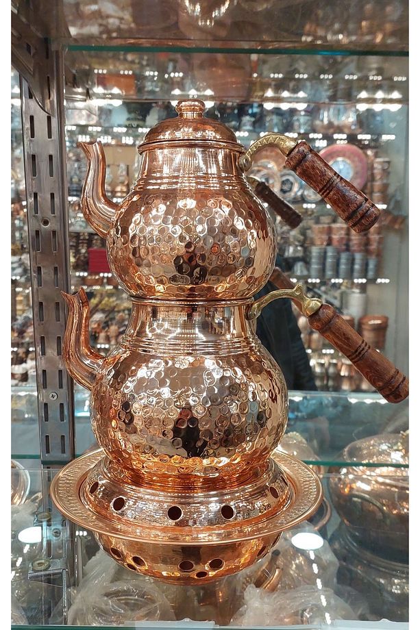 Bakır Çaydanlık & Bakır Demlik El Dövmesi Dövme Desenli Osmanlı Ocaklı Bakır Çaydanlık Büyük Boy - 6