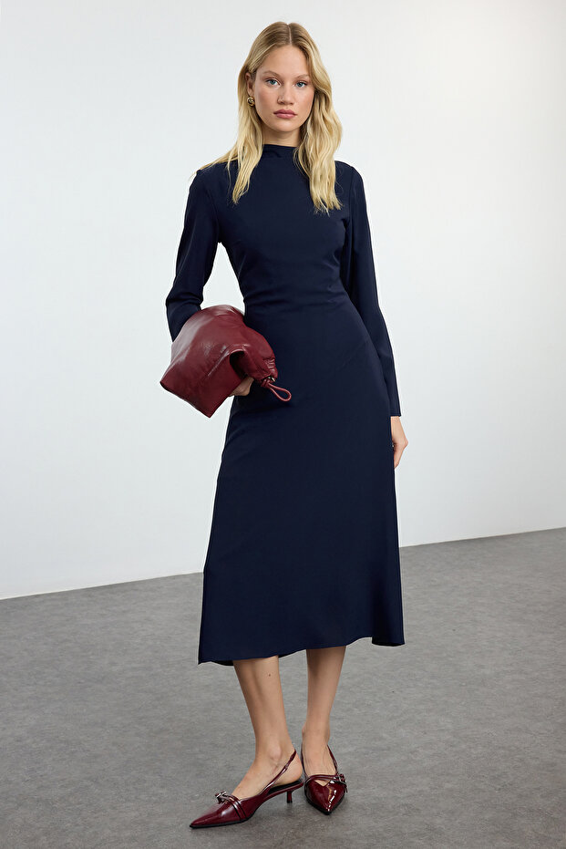 Satin Midi Navy Blue Straight Cut Dress - Twoaw25el00183