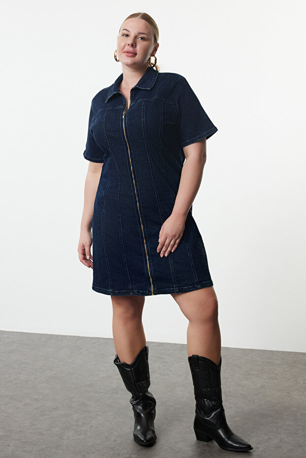 Dark Blue Front Zipper Medium Stretch Denim Plus Size Dress Tbbss24Ah00206