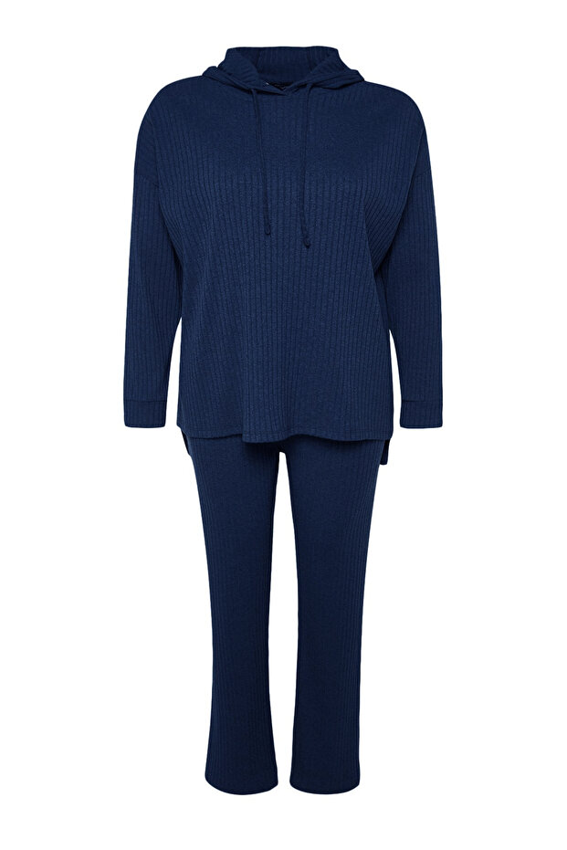 Lacivert Kapüşonlu Yaka Relaxed Fit Örme Kaşkorse Büyük Beden Alt-Üst Takım TBBAW23CP00016 - 6