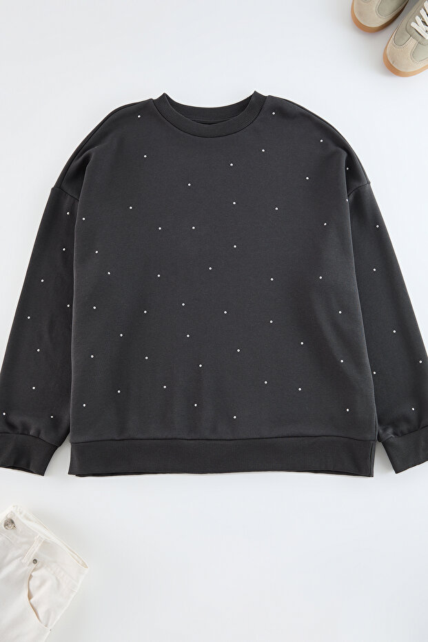 Antrasit Kalın Taşlı Detaylı Örme Büyük Beden Sweatshirt TBBAW24SW00000 - 5