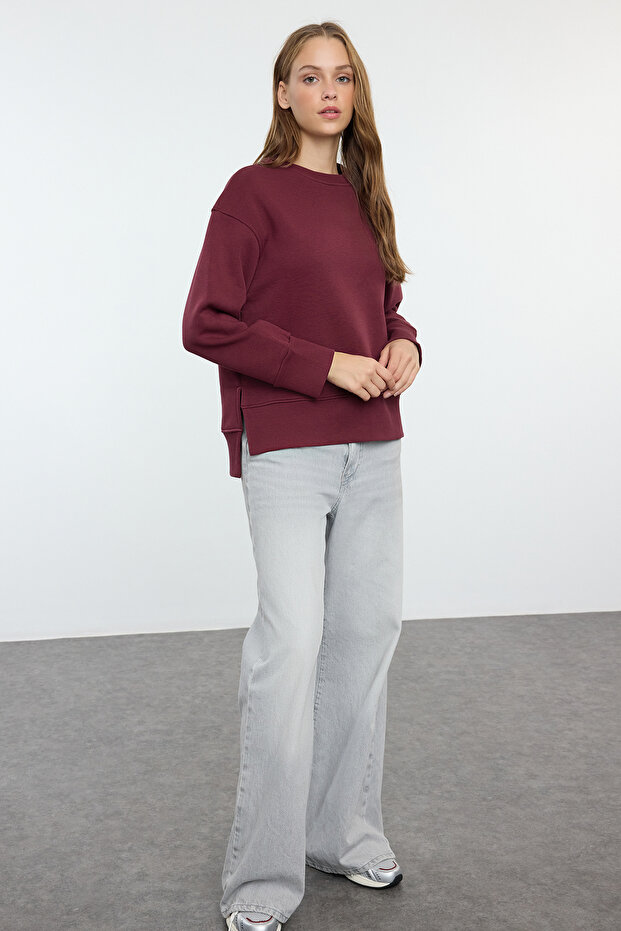 Bordo Kalın İçi Polarlı Bisiklet Yaka Regular/Normal Kalıp Basic Örme Sweatshirt TWOAW25SW00169 - 3