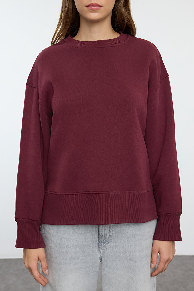 Bordo Kalın İçi Polarlı Bisiklet Yaka Regular/Normal Kalıp Basic Örme Sweatshirt TWOAW25SW00169 - 4