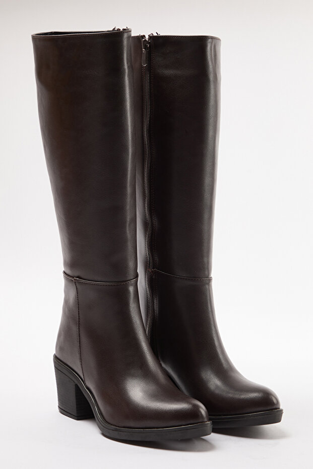 Ciemnobrązowe, zapinane na zamek, okrągłe, damskie buty na obcasie blokowym TAKAW25CZ00004 - 4