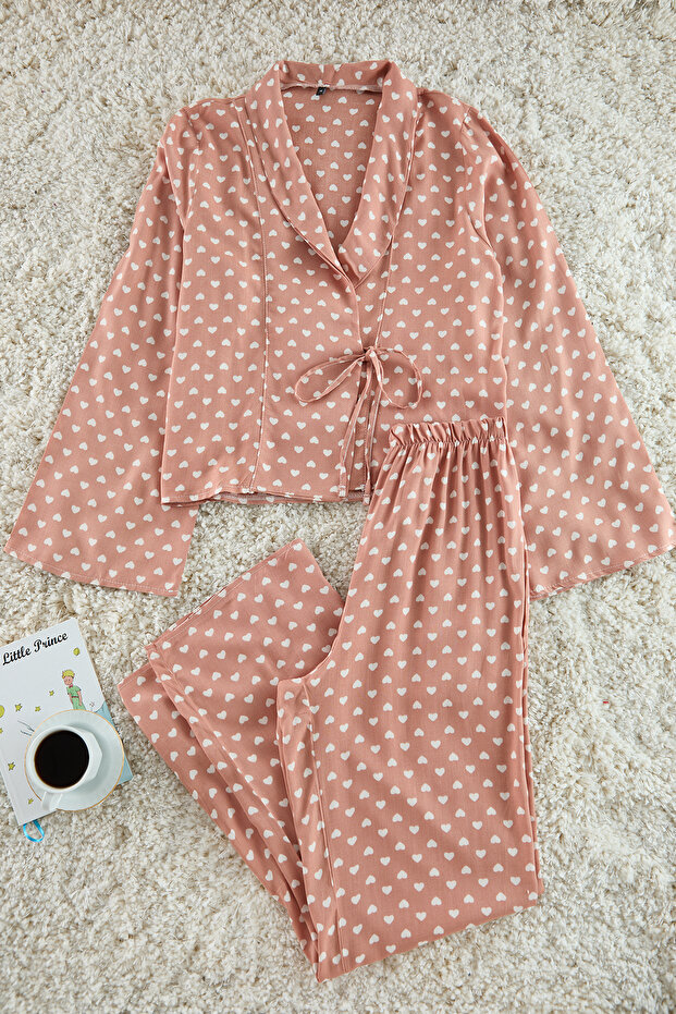 Koyu Bej Kalpli Bağlama Detaylı Viskon Hamile Dokuma Pijama Takımı THMAW22PT0300 - 2