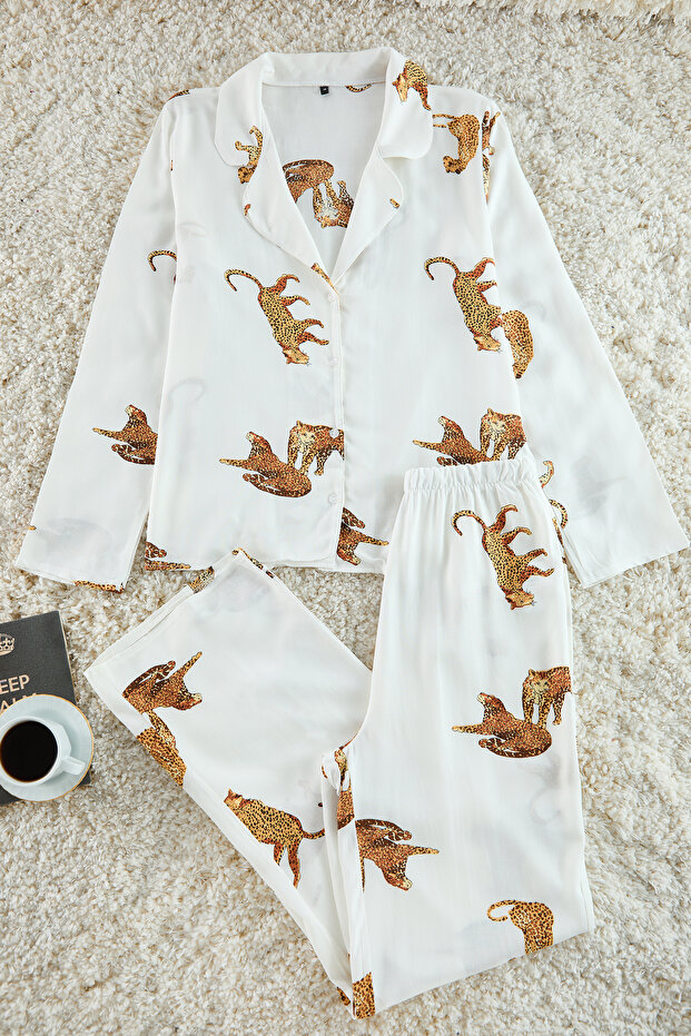 Ekru Kaplan Desenli Viskon Dokuma Pijama Takımı THMAW25PT00036 - 2