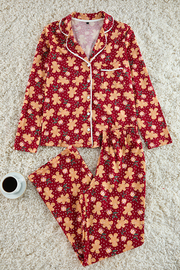 Bordo %100 Pamuklu Yılbaşı Temalı Biyeli Örme Pijama Takımı THMAW22PT1204 - 2