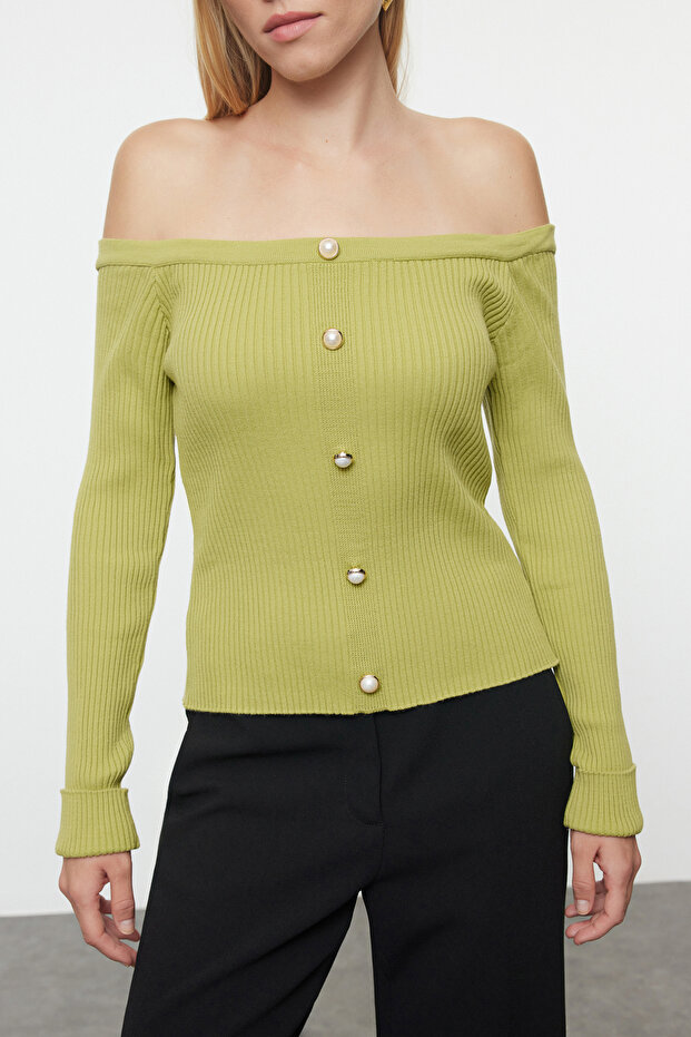 Yeşil Carmen Yaka Fitted/Vücudu Saran Triko Hırka TWOAW25HI00138 - 3