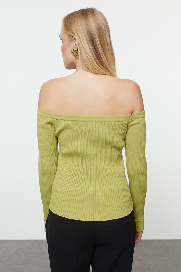 Yeşil Carmen Yaka Fitted/Vücudu Saran Triko Hırka TWOAW25HI00138 - 5