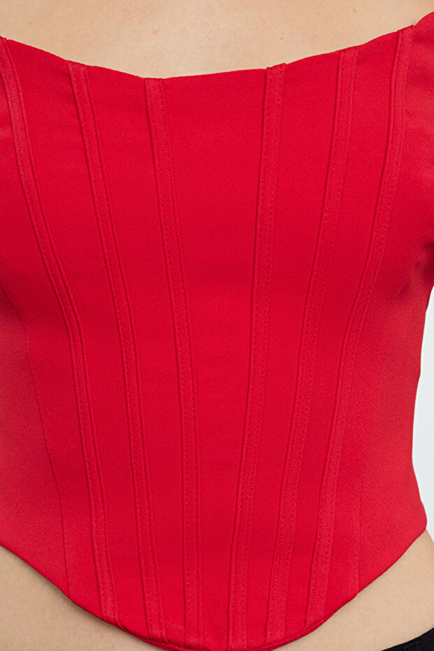 Gorset w kolorze czerwonym Crop Gorset tkany Tpraw25Bs00004 - 4