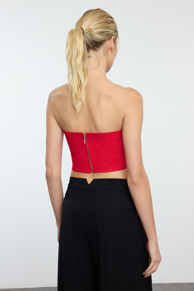 Gorset w kolorze czerwonym Crop Gorset tkany Tpraw25Bs00004 - 5