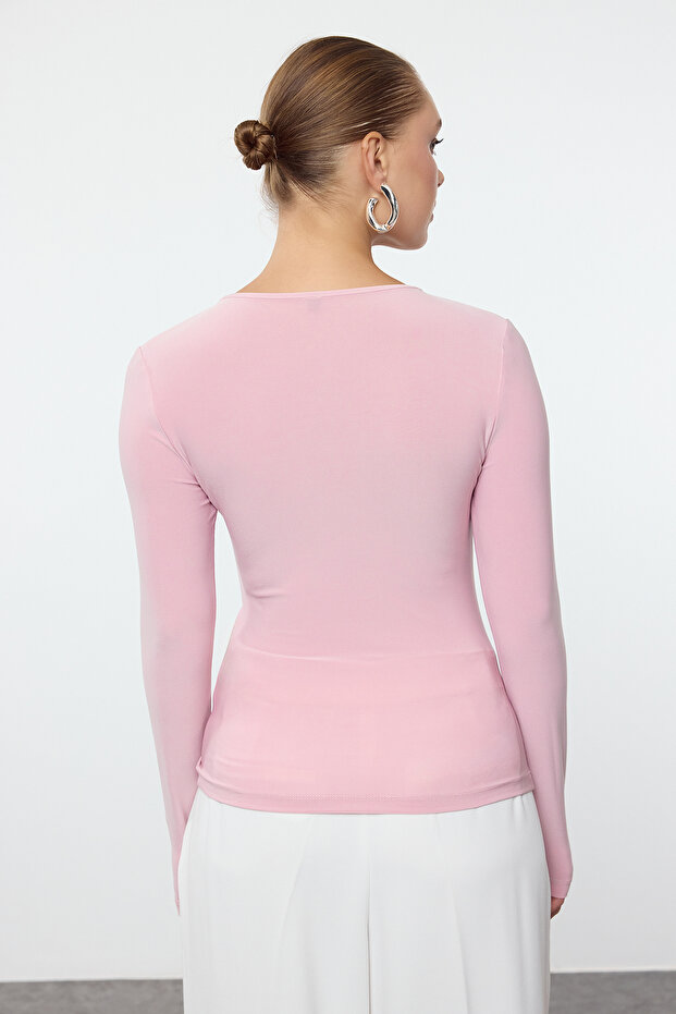 Pudra Büzgü/Drape Detaylı V Yaka Vücuda Oturan Esnek Örme Bluz TWOAW25BZ00110 - 5