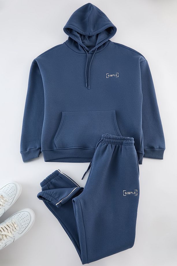 Indigo Oversize/Geniş Kesim Kapüşonlu Nakışlı İçi Polar Sweatshirt Eşofman Takım TMNAW24EM00000 - 2