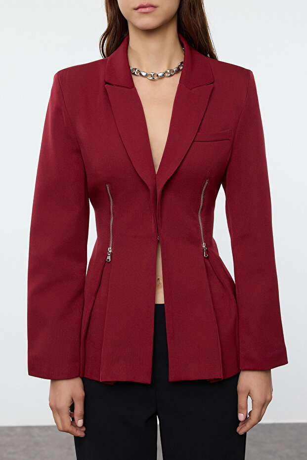 Bordo Fermuar Detaylı Dokuma Blazer Ceket TWOAW25BC00010 - 2