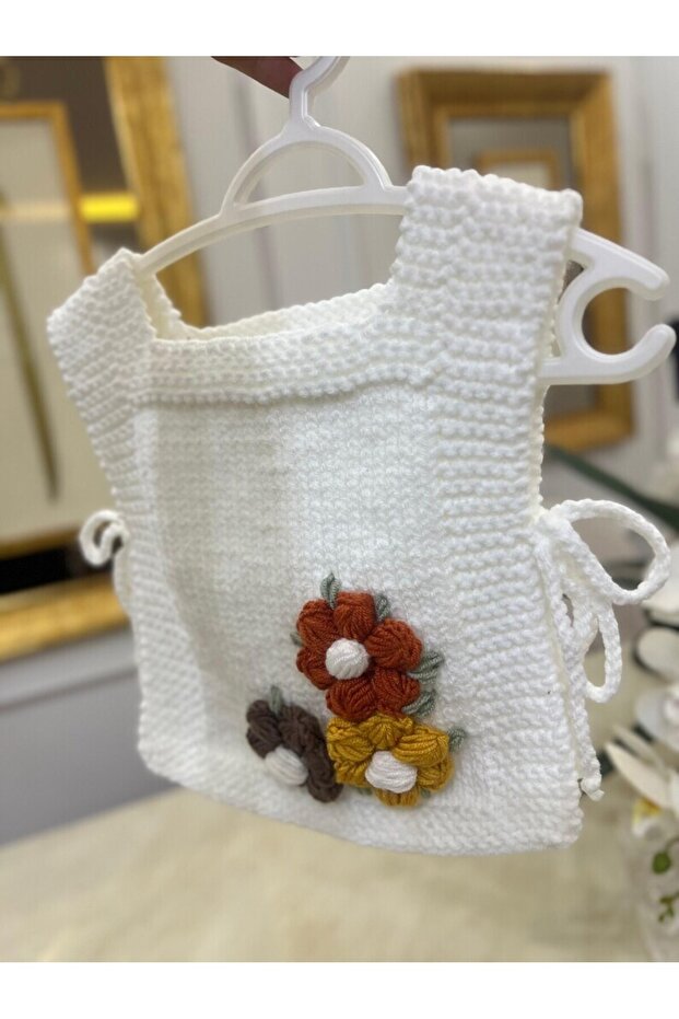 Hand Knitted Flower Detailed Baby Sweater - Newborn Sweater