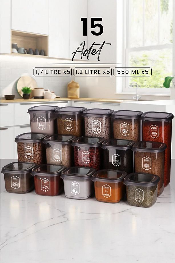 15'li Etiketli Square Kare Erzak Saklama Kabı Seti x5(550ml-1200ml-1750ml) Sert Kapaklı Kavanoz - 1
