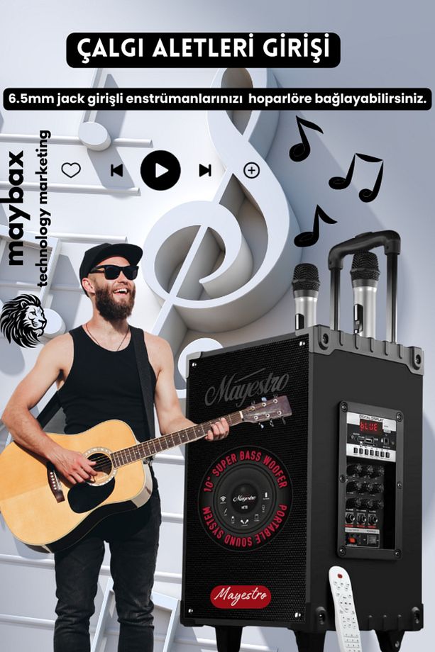 Şarjlı Kablosuz  Çift Mikrofonlu Hoparlör Karaoke Sistemi Taşınabilir Amfi Büyük Bluetooth Hoparlör - 6