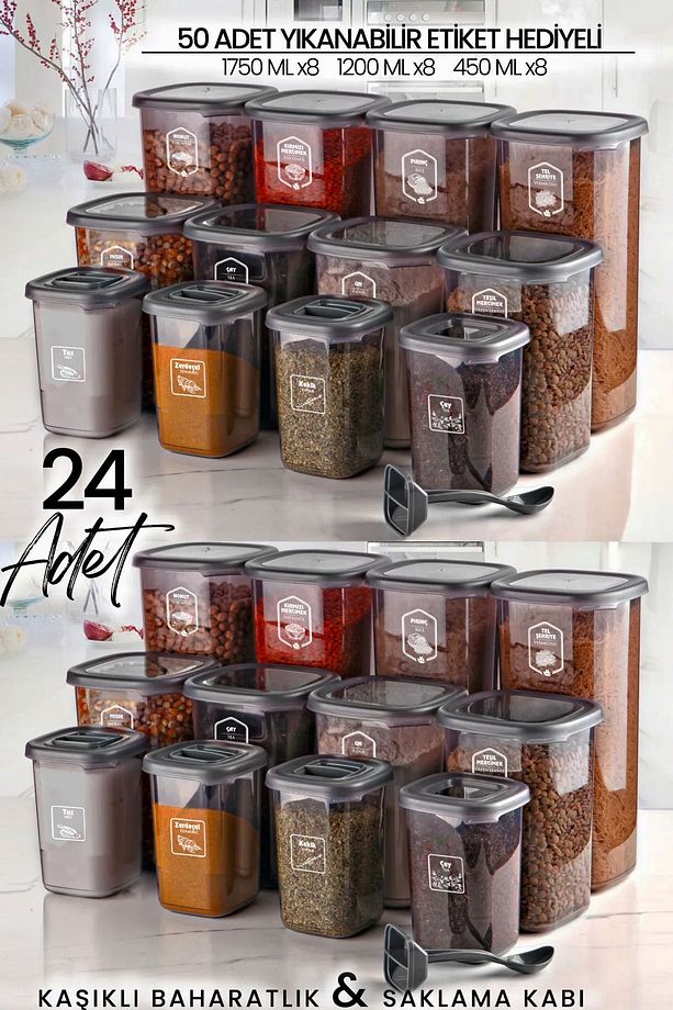 24'lü Etiketli Kare Erzak Saklama Kabı Ve Kaşıklı Baharatlık Seti - (1750ML 1200ML 400 ML) - 1