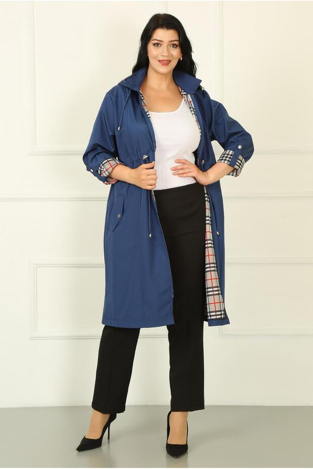 Women's Indigo Long Plaid Detail Large Size Trench Coat