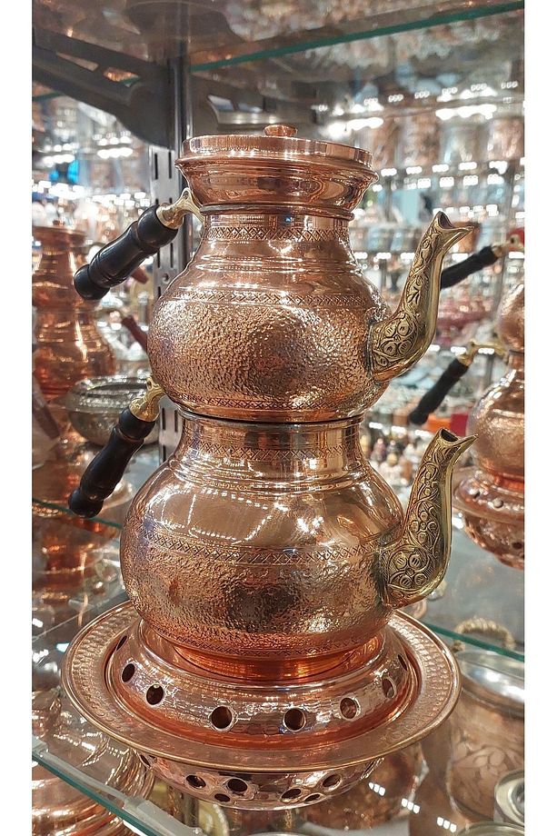 Bakır Çaydanlık & Bakır Demlik El Yapımı Taşlamalı Desenli Çaydanlık Osmanlı Ocaklı Büyük Aile Boy - 3