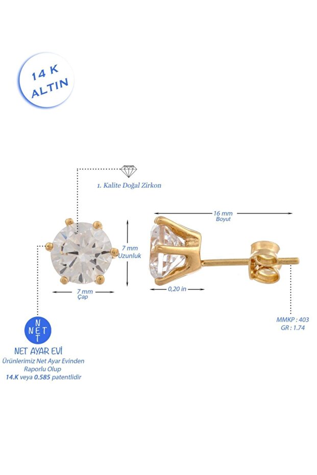 Kadın Tek Taş Küpe 14 Ayar Altın - 3