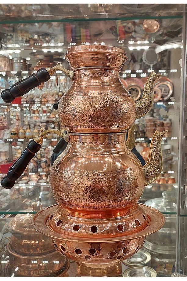 Bakır Çaydanlık & Bakır Demlik El Yapımı Taşlamalı Desenli Çaydanlık Osmanlı Ocaklı Büyük Aile Boy - 1