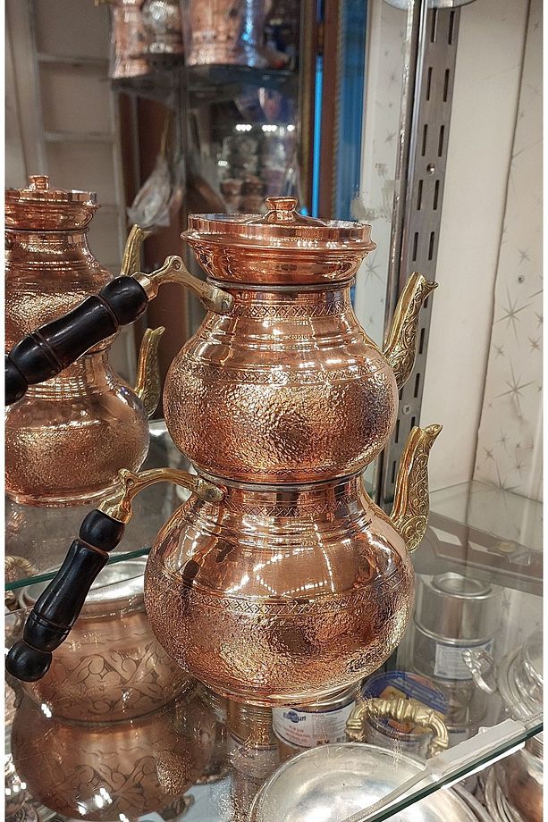 Bakır Çaydanlık & Bakır Demlik El Yapımı Taşlamalı Desenli Bakır Çaydanlık Büyük Aile Boy - 3