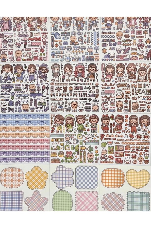 Sevimli Kız Ve Ayı Mor Kutu 12 Yaprak Sticker 4 Yaprak Desenli Kağıt / Çıkartma / Bullet Journal - 3