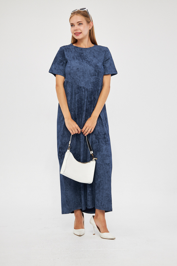 Women's Acid Washing Effect Cupra Short Sleeve Gathered Knitted Maxi Dress