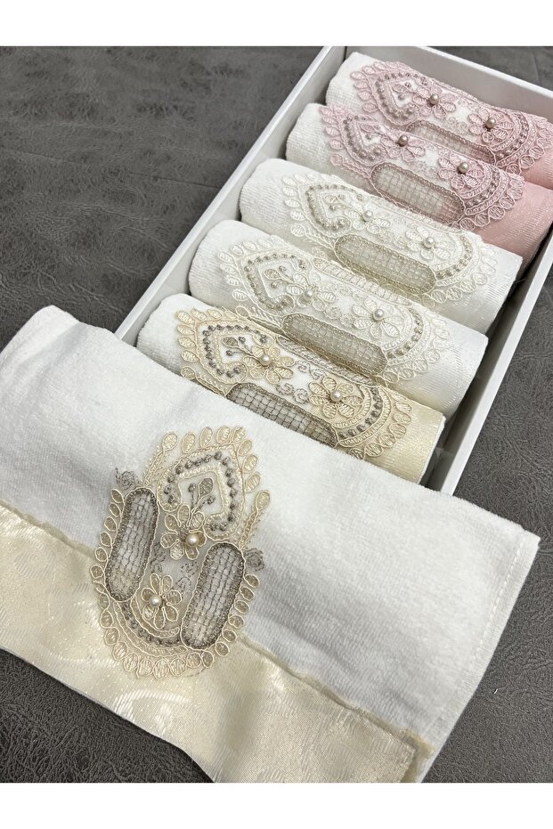 Set of 6 Laced Satin Embroidered Boxed Dowry 30x50 Kitchen Towel Set