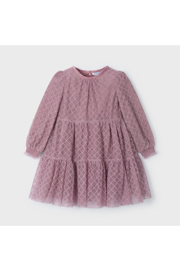 Girl's Gold Detail Tulle Long Sleeve Dress Pink L24K4910