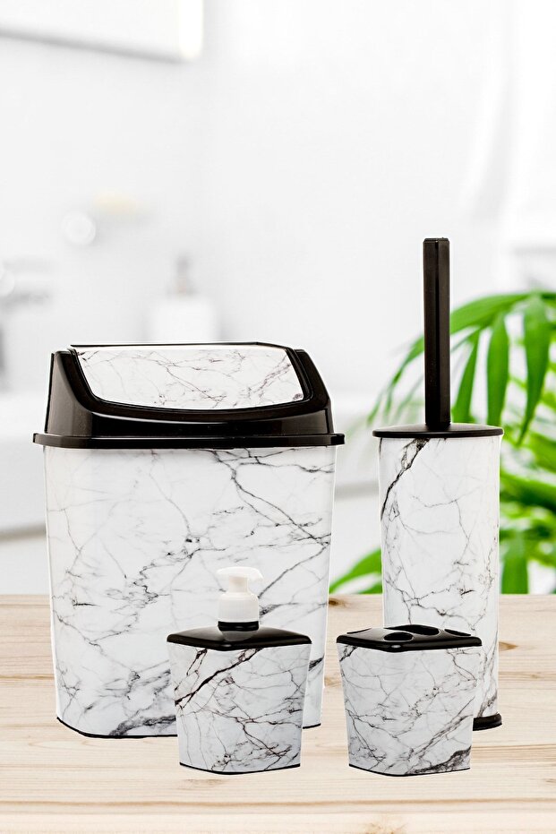 Bathroom Set Trash Can WC Toilet Brush Liquid Soap Dispenser Tooth Brush Holder Set of 3 White Marble Patterned