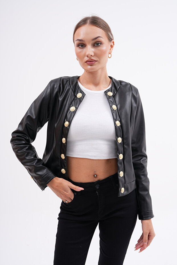 Gold Buttoned Leather Jacket - 2