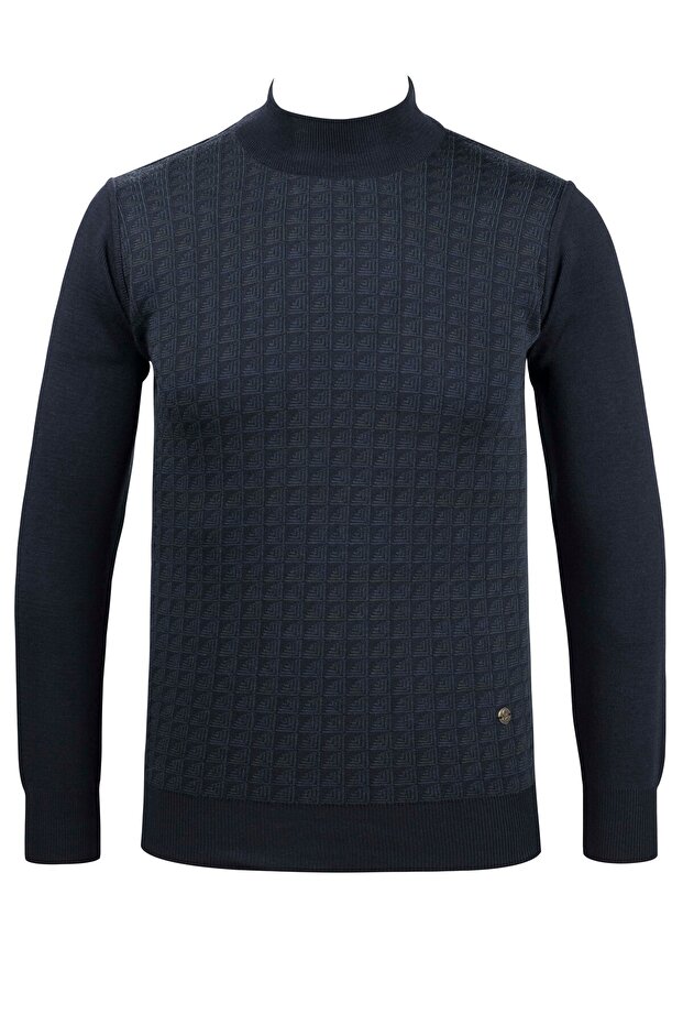 Men's Half Turtleneck Knitwear Navy Blue Sweater Patterned Steel Knit Classic Fit - 5002B