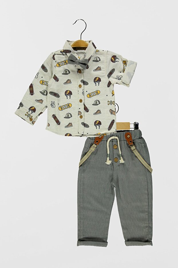 Skateboard Pattern, Bow Tie, Shirt and Pants 3-Piece Set