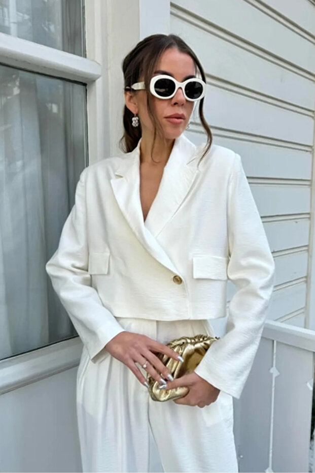 Gold Colored Double Breasted Crop Jacket - Buttoned Design - 1