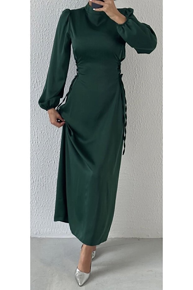 Satin Hijab Evening Dress with Belt Detail Emerald Green