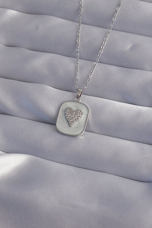 Marble Patterned Silver Color Zircon Stone Heart Model Necklace - 316l Steel Chain