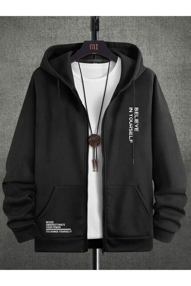 Believe Yourself Thick Cardigan - Black Printed Winter Oversize Hooded Zipper Pocket Cardigan