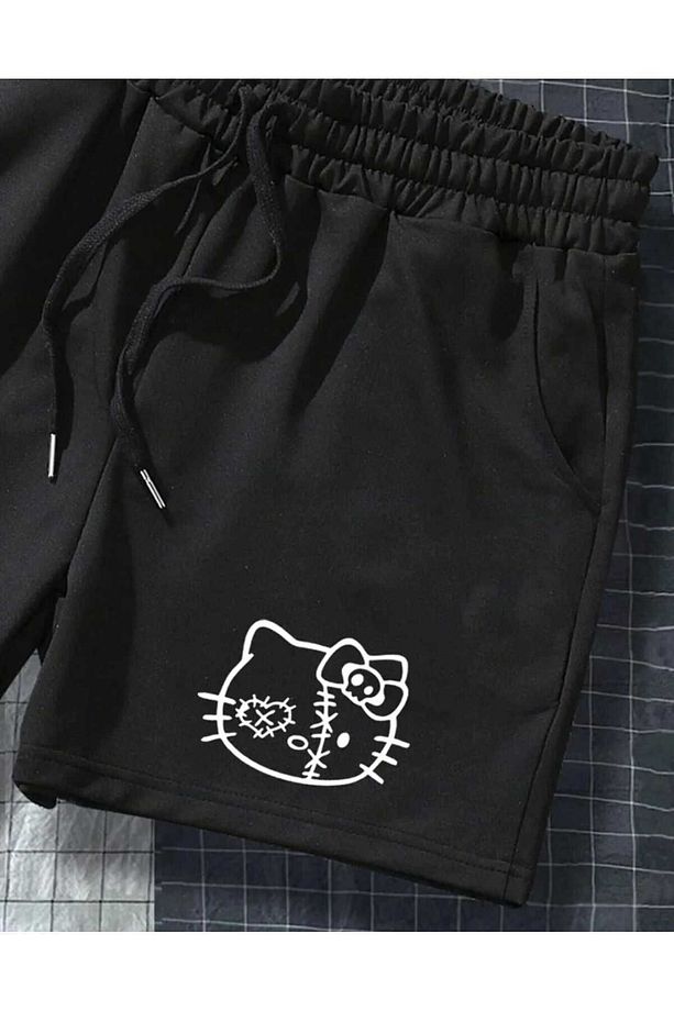 Hello Kitty Baskılı Siyah Kadın Regular fit Şort - 5