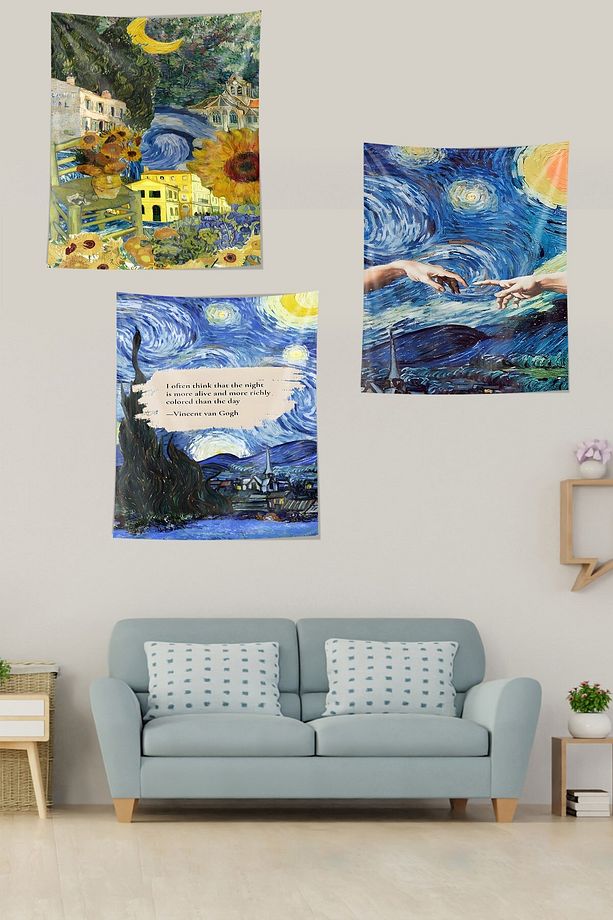 Van Gogh Temalı Sanat Leke Tutmaz  Duvar Örtüsü Duvar Halısı Tapestry 3'lü Set - 1