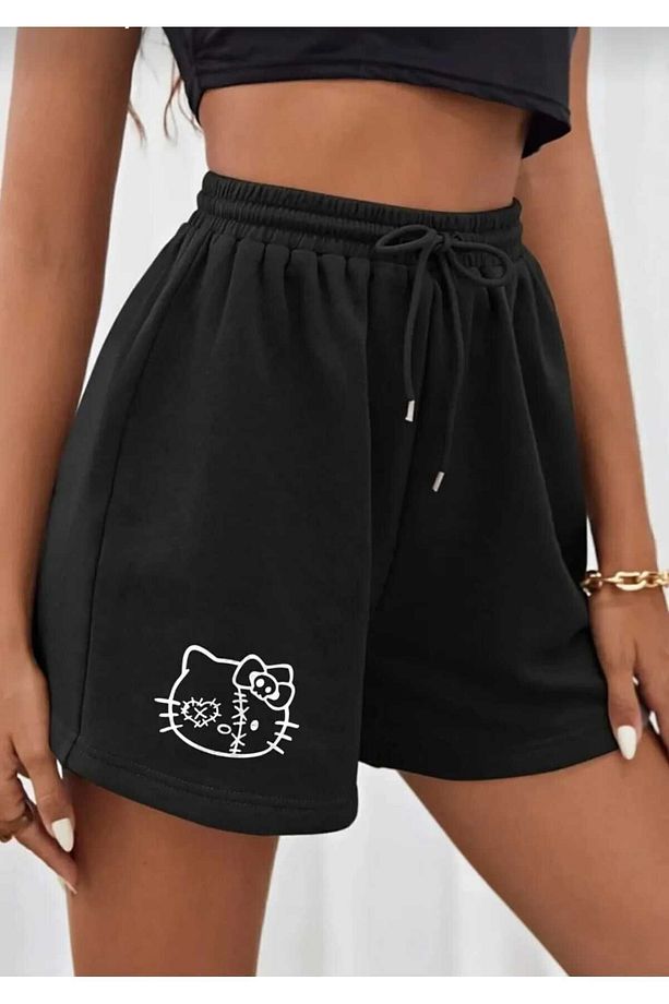 Hello Kitty Baskılı Siyah Kadın Regular fit Şort - 1