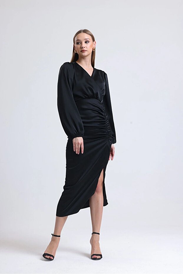 Satin Front Gathered Slit Midi Dress